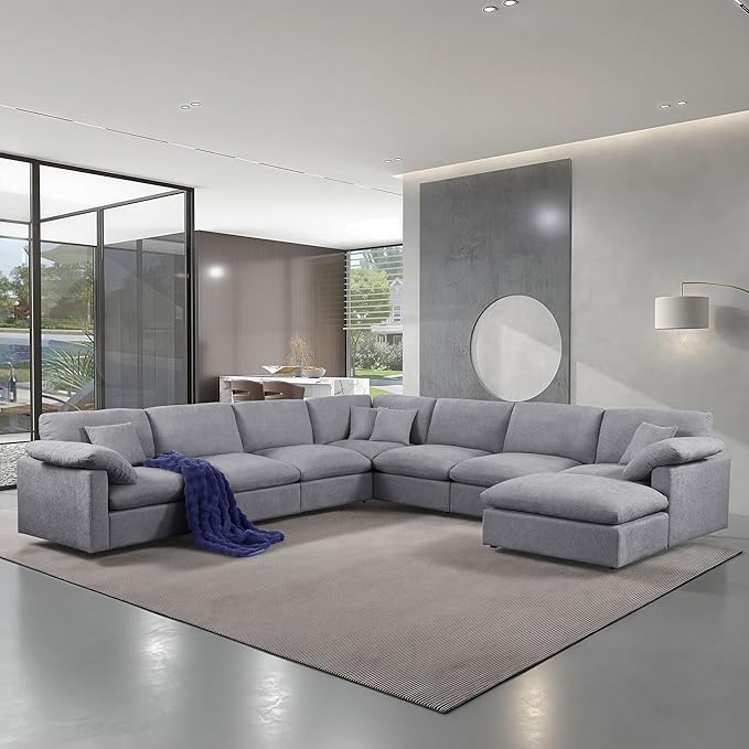 144-Inch Oversized L-Shaped Symmetrical Sectional Cloud Sofa,Modern 8 Seat Modular Cloud Sofa Luxury Convertible Couch with 6 Pillows and Movable Ottoman for Living Room
