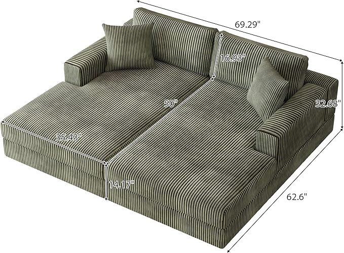 69-inch Oversized Chaise Recliner Lounge Deep Seat Upholstered Sleeper Daybed with 4 Pillows,Soft Corduroy Loveseat Double Chaise Sofa Couch Extra Wide Sleeper Chair Sofabed for Living Room Bedroom