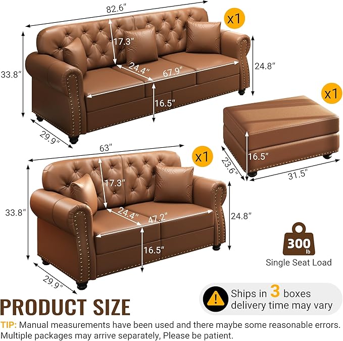 KEIKI 2-Piece Chesterfield Sofa Set with 1 Faux Leather 3-Seater Sofa & 1 Loveseat Sofa, Upholstered 5-Seater Couch Set with Nailhead Trim & Rolled Arms & 1 Ottoman & 5 Pillow, for Living Room, Brown