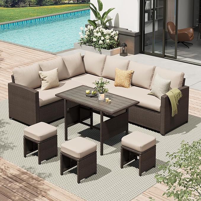 AECOJOY Outdoor Patio Furniture Set, 7 Pieces Clearance Sectional Rattan Dining Table&Chairs, All Weather Wicker Conversation Sofa Couch with Ottoman, Khaki Cushions&Brown Rattan