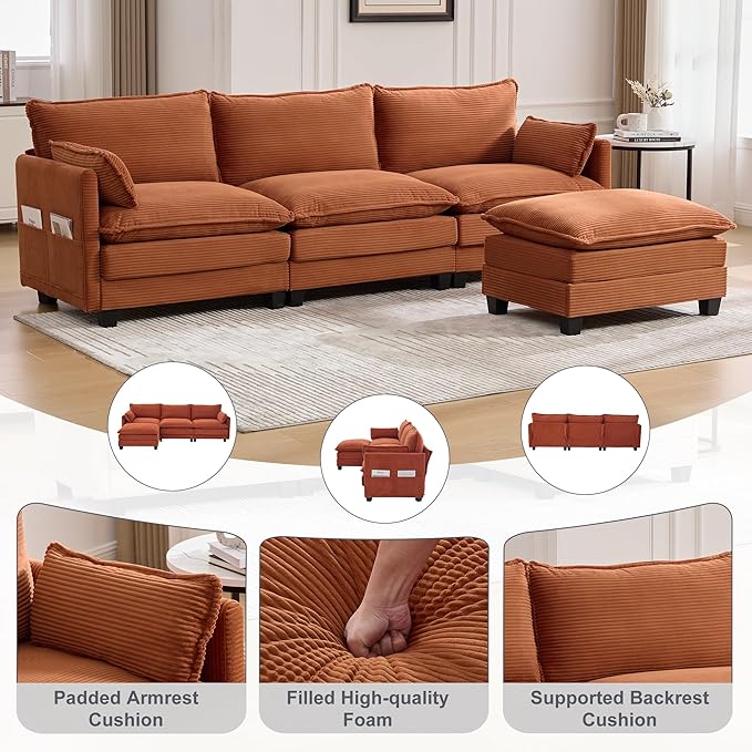 Modular Sectional Sofa Couch with Reversible Ottoman, 103" Oversized Corduroy Cloud Couch, 3 Seat Sectional Sofa with Solid Wood Frame and Side Pockets,for Living Room & Apartment