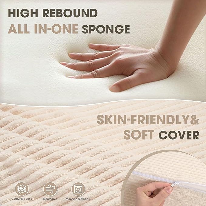 Folding Sofa Bed with Pillow, Memory Foam Fold Out Chair Bed, Convertible Sleeper Chair with Washable Cover, Futon Floor Couch for Living Room/Dorm/Guest Use/Home Office/Apartment, Beige