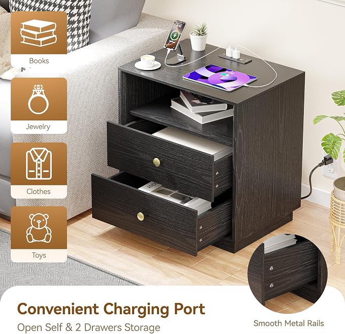 Black Nightstand with Charging Station Set of 2, Wide Bedside Table with 2 Storage Drawer and Open Wood Shelf, Night Stand for Bedroom, Side Table, End Table, Black - Image 5