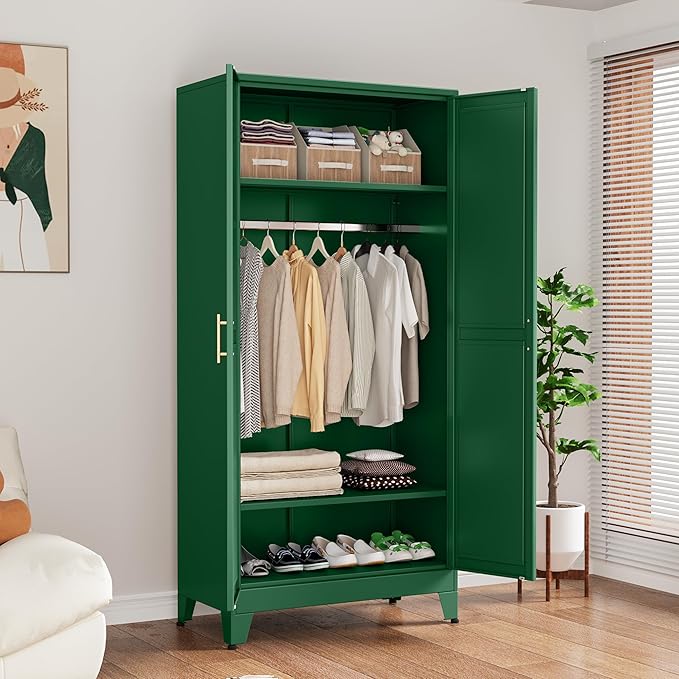 Ckzbx 71" H Metal Armoire Wardrobe Closet, Adjustable Shelve, Clothes Drying Pole, Steel Wardrobe Cabinet for Bedroom (Green)