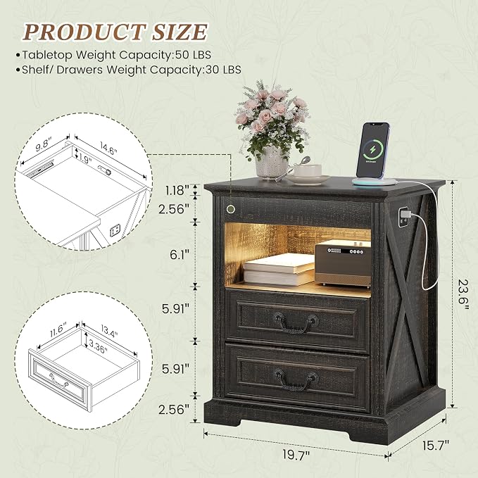 Dystler Night Stand with Gun Drawer, Bedside Table with LED Light & Human Sensor, Nightstand Gun Safe with 2 Drawers for Bedroom, Farmhouse End Table with Charger Station, Rustic Brown - Image 2