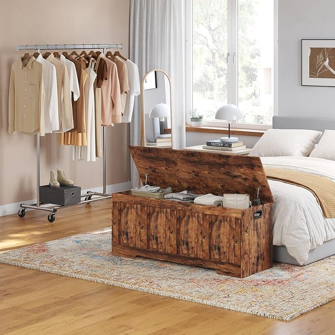 DINZI LVJ Storage Chest, 47.2”Wooden Storage Box with 2 Safety Hinges, Entryway Shoe Bench with Flip-Top, Large Trunk for Living Room, Bedroom, Easy Assembly, Rustic Brown - Image 2