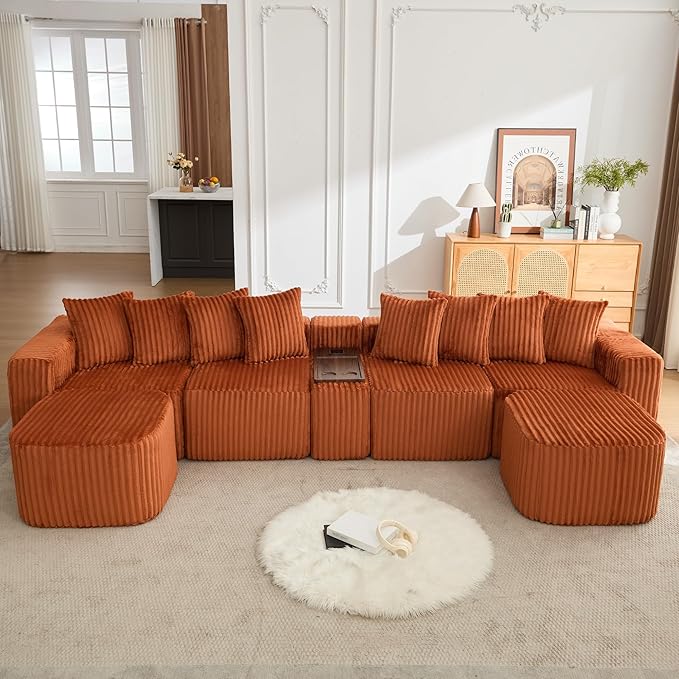 Oversized Cloud Modular Sectional Sofa Boneless Couch with Movable Ottomans,Free Combination Memory Foam Floor Couch with Charging Port & Cup Holders for Living Room | Coffee Table Board, Wireless Charge, No Assembly