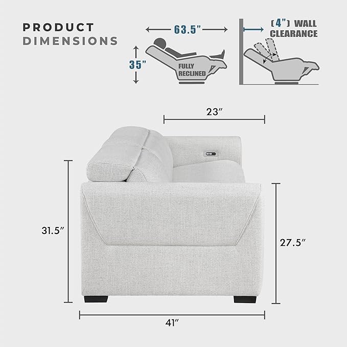 Lexicon Power Reclining Sectional Couches for Living Room-Modular Sectional Sofa, Wall Hugger, 3 Recliner Seats, Power Headrests, Charging Ports, 3 Seater Couch, Chenille Cloud