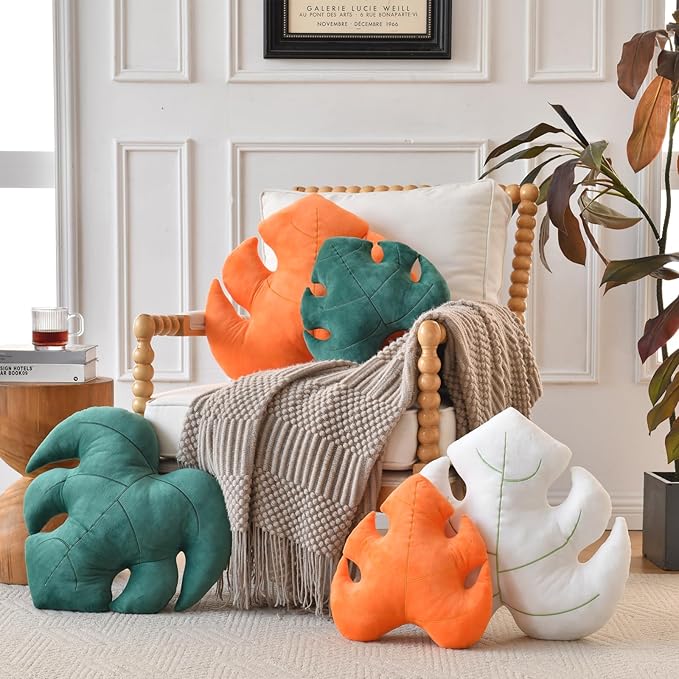 19.6 Inch Dark Green Leaf-Shaped Cotton Fill Decorative Throw Pillow for Bed Couch, Nature-Inspired Leaf Pillow