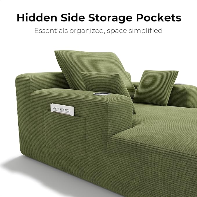 LIKIMIO 71.6" Oversized Chaise Lounge Chair Indoor, Corduroy Cloud Couch with 2 Cup Holders & Storage Pockets, No Assembly 2-in-1 Sleeper Sofa Bed, Deep Seat Reading Chair for Living Room (Green) | Chaise Lounge Indoor, OEKO‑TEX corduroy, Cup holders|s...