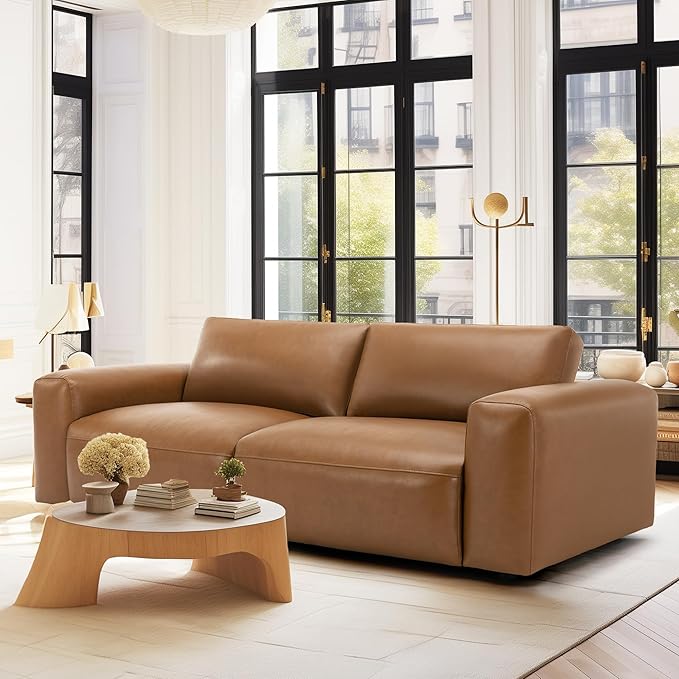 COLAMY PU Leather Sofa Couch, 95" Oversized Sofa Loveseat for Living Room, Comfy Love Seat Couch with Extra Deep Seats, Wide Arm, Down Filled 3-Seater Modern Sofa for Apartment/Lounge/Bedroom-Brown