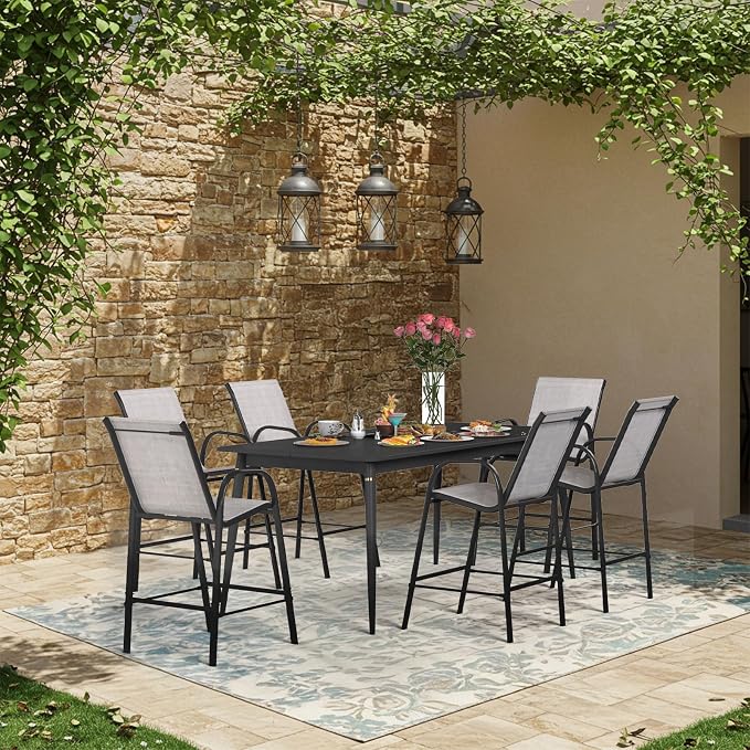 HOMREST Outdoor Bar Height Stools Set of 6,High Back Patio Chairs with Armrests,Textilene Chairs with Breathable Fabric & Metal Frame for All Weather,Light Grey - Image 4
