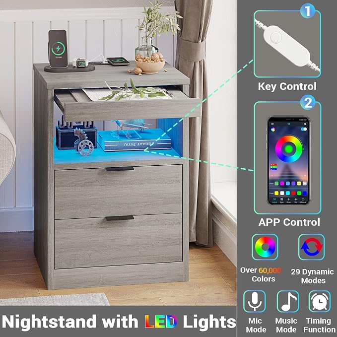 Tiptiper LED Nightstand with Wireless Charging Station, Farmhouse Nightstand with LED Light, Rustic End Table Side Table with Drawers, Pull-Out Tray and Open Storage, Grey Wood Grain - Image 5