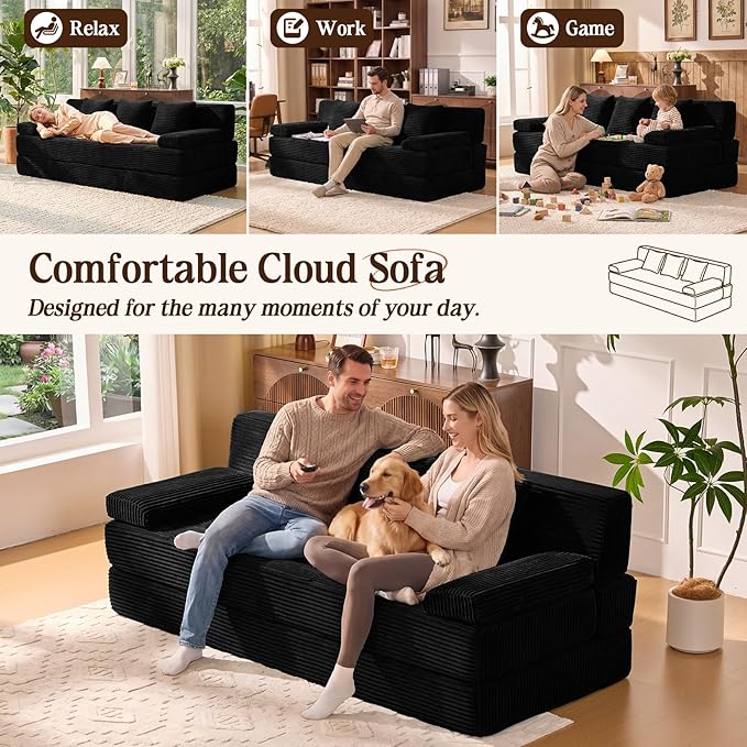 78.7IN Folding Sofa Bed - Convertible Sleeper Sofa Couch with Removable Pillows, 3 Seater Couches Bed for Living Room, Bedroom, Apartment, No Assembly Required, Freestanding, Corduroy, Black