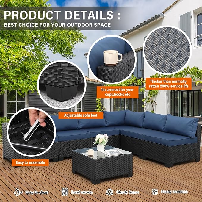 Valita 7 Pieces Outdoor Wicker Furniture Conversation Set Patio Sectional Sofa Set Glass Table with Non-Slip Cushions Furniture Cover, Navy Blue