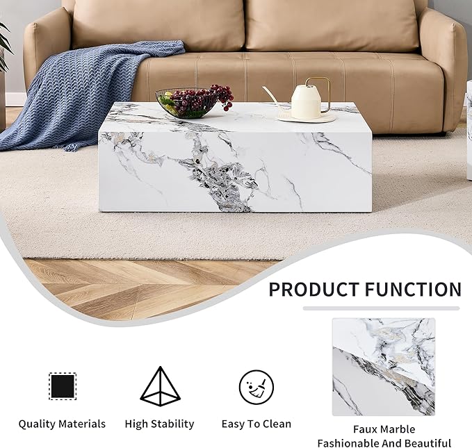 Modern Coffee Table Marble Grain,Rectangle Marble Faux Tea Table White,No Assembly