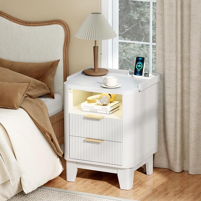Baoz Fluted Nightstand with Charging Station,LED Smart End Table with 2 Storage Drawers and Open Shelf, Curved Profile Design Natural Wood Bedside Table for Bedroom (White) by Baoz