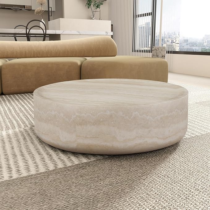 Round Coffee Table for Living Room, Modern Circle Coffee Table Faux Mars Pattern Center Table for Apartment, No Need Assembly (Marble, 31.49 Inch)