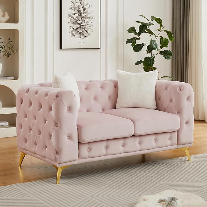 KEIKI 61" Luxury Oversized Velvet Chesterfield Sofa with 2 Pillows, Mid-Century Style 2-Seater Tufted Buttons Couch with High-Density Foam Cushions, Easy Assembly, for Apartment, Living Room, Pink