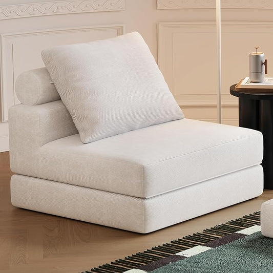 Folding Sofa Bed, 3-in-1 Convertible Sleeper Chair Bed with Pillows, Foldable Floor Couch with High-Density Foam, Futon Small Boneless Couch for Living Room Bedroom Lounge, Single, White