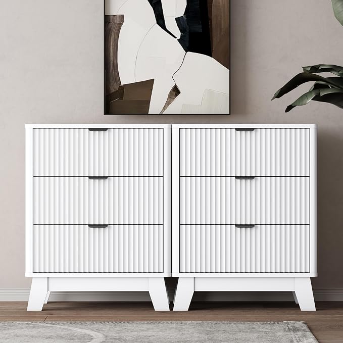 Wodeer Night Stands for Bedrooms Set of 2, Mid Century Modern Wood Bedroom Nightstand with 3 Drawers, Bedside Tables & End Tables with Metal Handles, Farmhouse Night Stands for Bedroom, White by WODEER