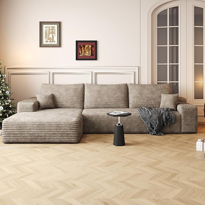 Eafurn Oversized L-Shaped Modular Sectional Sofa with Chaise, Fluffy Corduroy Upholstered Boneless Couch with Deep Seat, Minimalist Flexible Combination for Living Room | Breathable material, Full Foam, Anti-slip