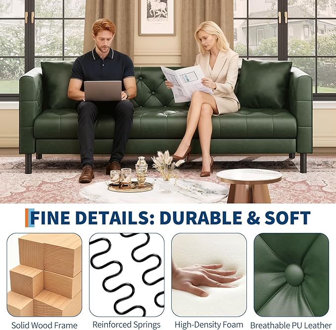 IDEALHOUSE 81" Mid-Century Modern Leather Sofa for Living Room, Chesterfield Sofa with Deep Seats and 2 Pillows, 3 Seater Couch with Button Tufted, Leather Couch for Apartment, Office, Green