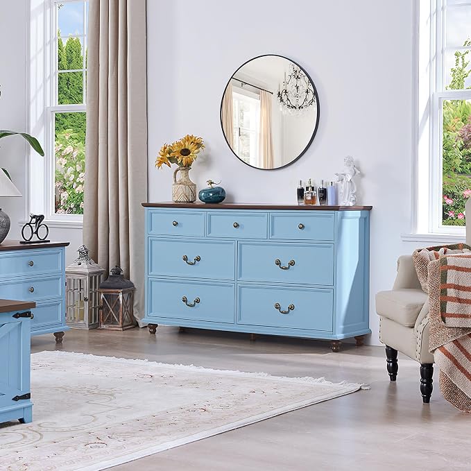 Joaxswe Farmhouse 7 Drawers Dresser for Bedroom, Light Blue 54 Inch Wide Chest of Drawers w/ 4 Wooden Legs, Large Vintage Rustic Closet Dressers for Living Room, Wood TV Stand with Storage Organizer - Image 5