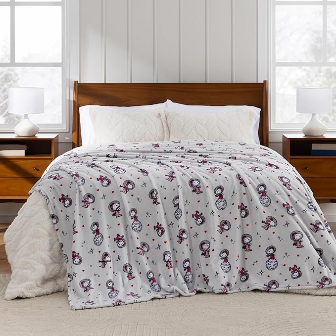 Berkshire Peanuts® VelvetLoft® Cute Character Snoopy Plush Blanket,Over the Moon for You Light Grey,Full/Queen 90 in x 90 in (Official Peanuts® Product)