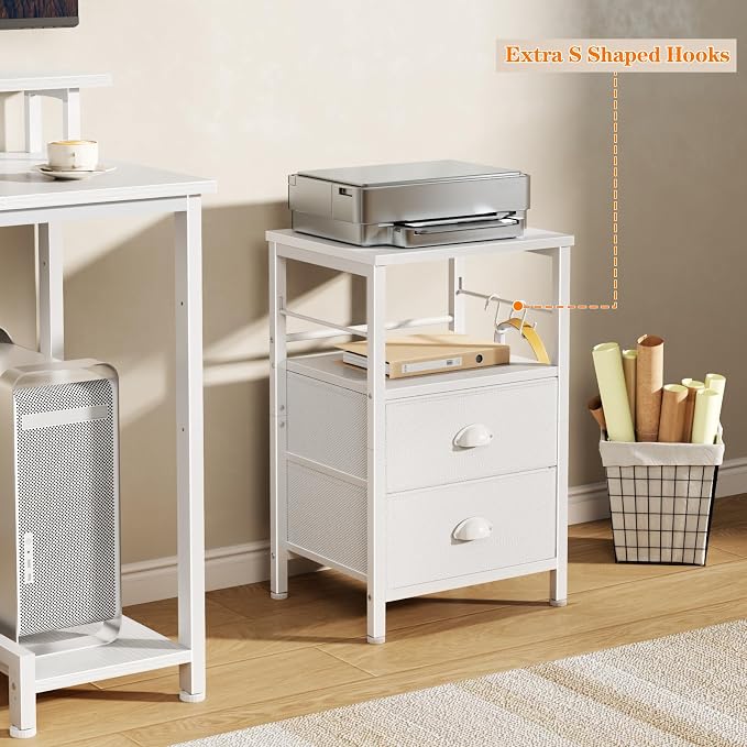 Furologee Nightstands Set of 2, End Table with 2 Fabric Drawers, Night Stand with 2 Hooks, Open Wood Shelf Bedside Table for Bedroom/Living Room/White - Image 7