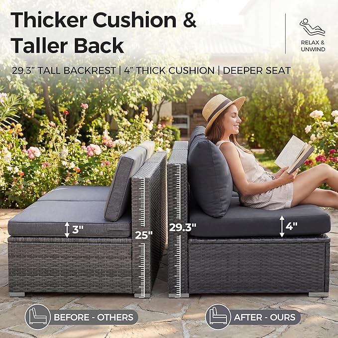 NICESOUL 10 Piece Contemporary Patio Furniture Set with Firepit Table Natural Gas/Propane, 29.3'' High Backrest Outdoor Sofa Conversations, 9 Seats Deep Wide Seating Wicker Sectionals, Dark Gray