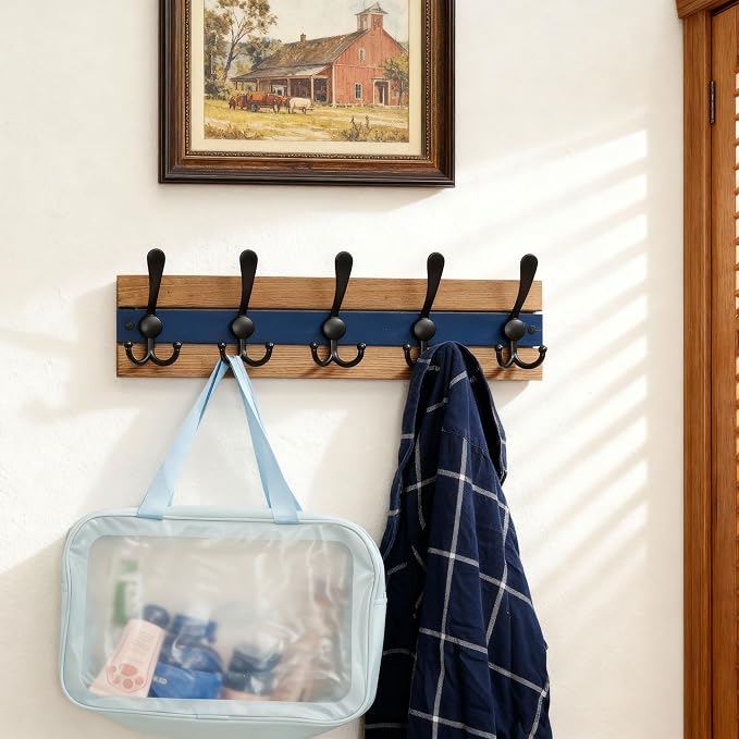 SKOLOO Rustic Wall Mounted Coat Rack - 16-7/8" Long Coat Hooks for Wall with 5 Triple Hooks for Hanging Coats, Hats or Tools, Western National Parks Collection, Wood Brown & Blue - Image 4
