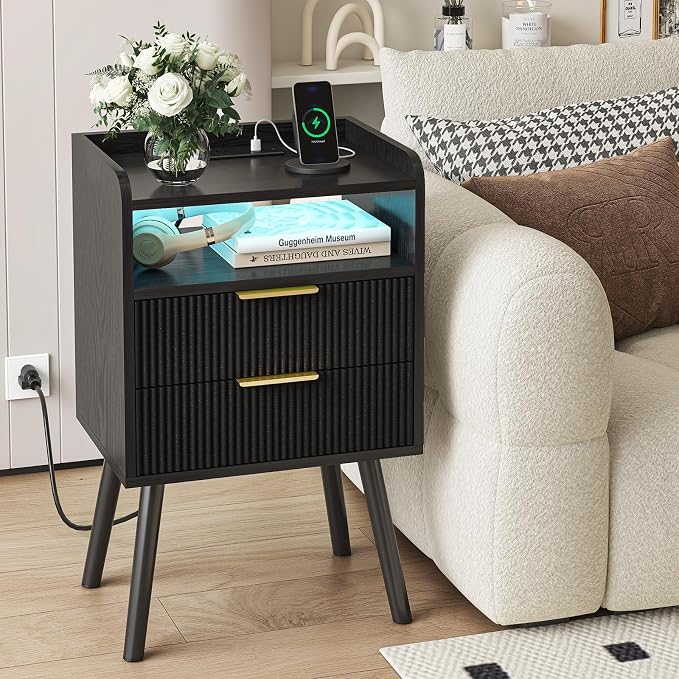 Fixwal Black Fluted Nightstand with Charging Station, LED Night Stand with 2 Wood Drawers for Bedroom, Modern Bedside Table, 15.7 x 11.8 x 25.6in - Image 7