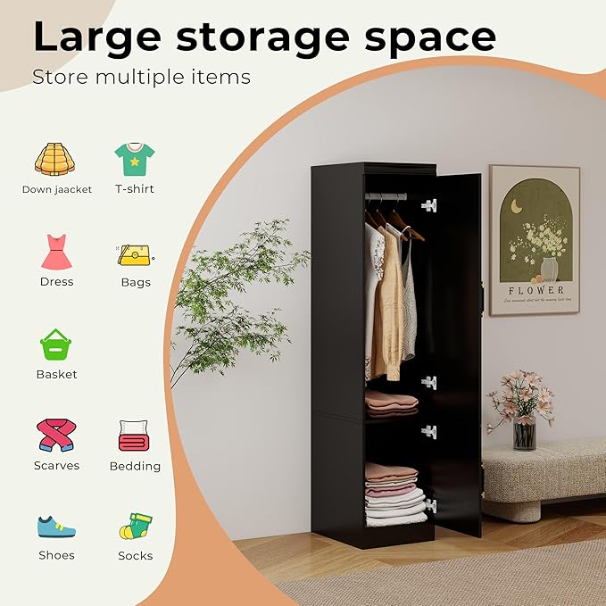 GraceGrove Armoire Wardrobe Closet Cabinet with with Mirror and Single Door, Wardrobe with Hanging Rod, Wood Closet Storage for Large Storage, Bedroom Armoires and Wardrobes Black