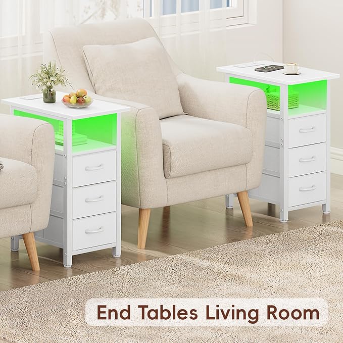 Vagusicc White Nightstand with Charging Station and LED Lights, Narrow End Table, LED Nightstand with 3 Fabric Drawers for Bedroom, Small Bedside Table, Narrow Side Table for Small Spaces, White - Image 9