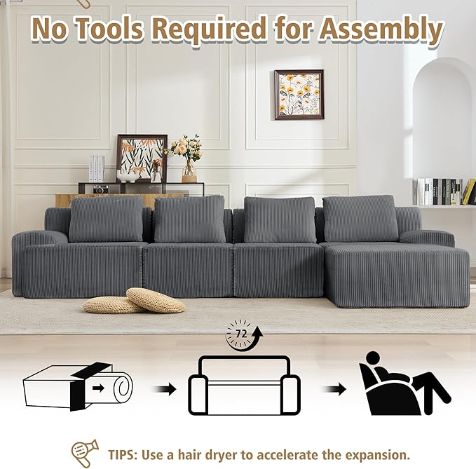 KIGOTY Modular Sectional Sofa Set, 5 PCS Comfy Cloud Sectional Couch with Deep Seat, Sleeper Sofa Bed with Ottoman, Modern Boneless Couch for Living Room, No Assembly Required,Grey