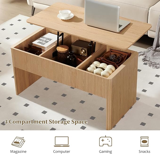 ORRD Fluted Lift Top Coffee Table, Farmhouse Coffee Table with Hidden Compartment, Rising Top Center Table with Storage, Mid Century Rectangular Center Tables for Living Room (Natural)