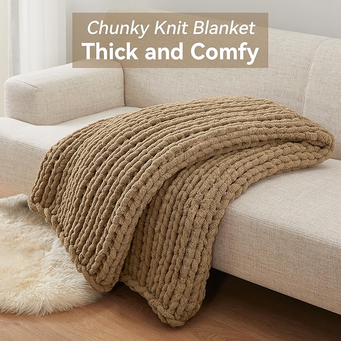Negwoo Chunky Knit Throw Blanket, 80''*90'' Knitted Throw Chenille Yarn for Bed Couch, Handmade Light Brown Crochet Big Thick Blanket, Machine Washable Cute Comfy Blanket for Home Decor