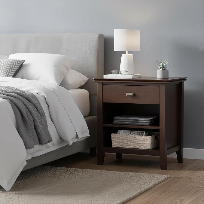 SIMPLIHOME Artisan Bedside Table - 24 inch Wide Solid Wood Nightstand Table in Autumn Brown, Contemporary Side or End Table with 1 Drawer, Open Shelf Storage and Bronze Knobs - Image 3