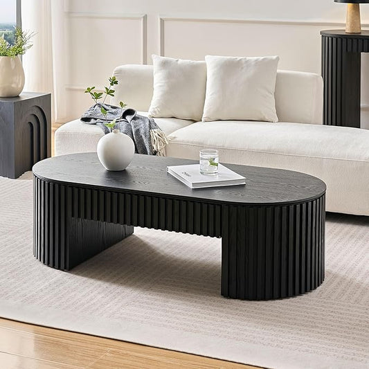 51.18'' Oval Coffee Table for Living Room Fluted Center Table with Drawer, Mid Century Modern Coffee Tables, Easy Assembly for Office Storage Tea Table Black
