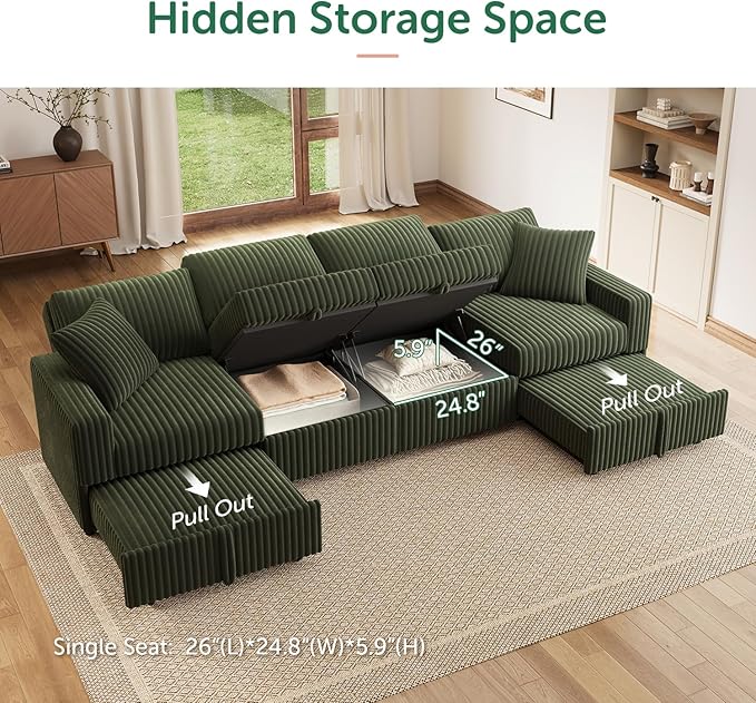 HONBAY 121.3 Inch Modular Sectional Sofa, L & U Shaped Pull Out Couch with Adjustable Backrest & Storage, Velvet Green