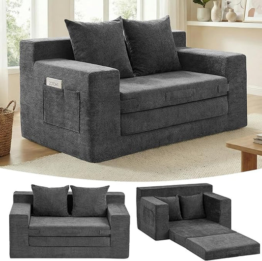Boneless Loveseat Sleeper Sofa Bed: 3-in-1 Convertible Sofa Bed with Side Pockets & Handle,Pull Out Couch with 2 Pillows,Folding Futon for Small Space,Living Room & Bedroom,Chenille Fabric,No Assembly