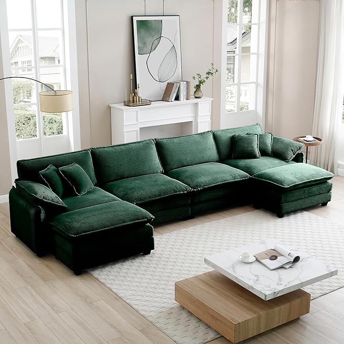 KEIKI 150" U-Shaped Oversized Corduroy Modular Sectional Sofa with 2 Ottoman, High-Density Foam Cushions, Removable Armrests, Upholstered 4-Seater Corner Couch with 6 Pillow, for Living Room, Green