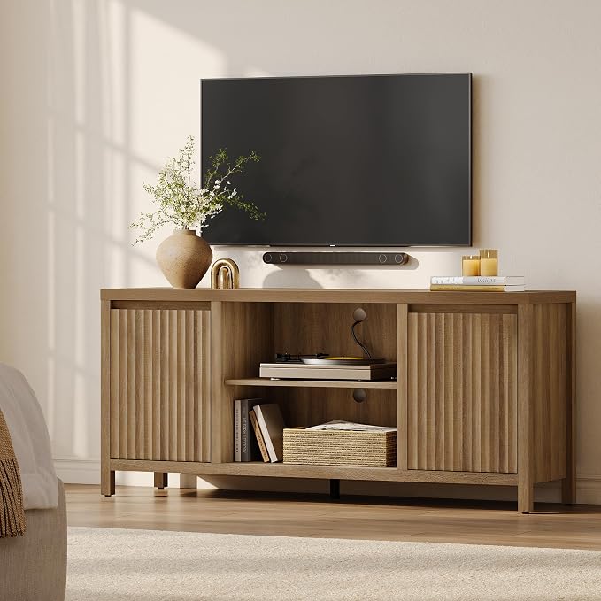 SICOTAS Fluted TV Stand for 55 65 inch TV - Large TV Consoles for Living Room Bedroom, Mid Century Modern Entertainment Center with Storage Cabinet, Wooden Television Stands Media Console, Caramel Oak - Image 4