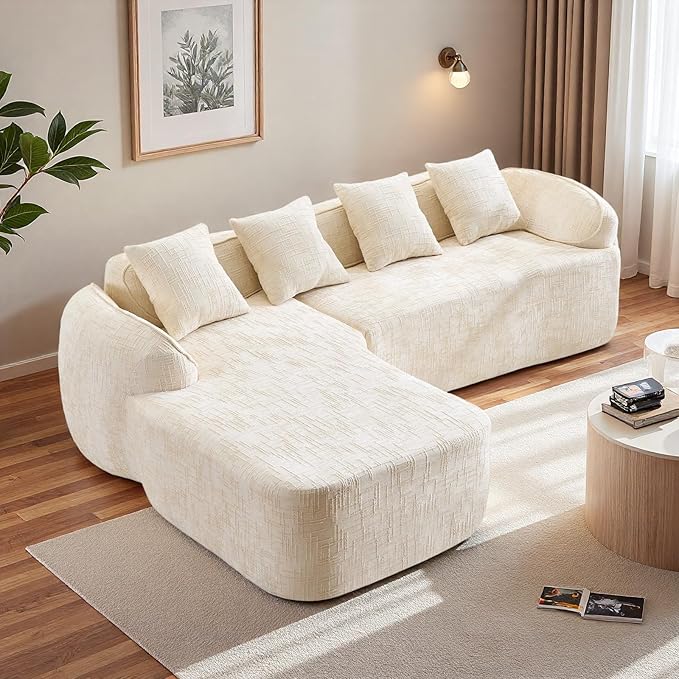 L Shaped Compression Sofa, Modular Couch with Curved Armrests & 4 Coordinating Pillows, Modern 101'' Chenille 4 Seater Sofa with Wide Seat for Living Room, Bedroom, No Assembly, Beige