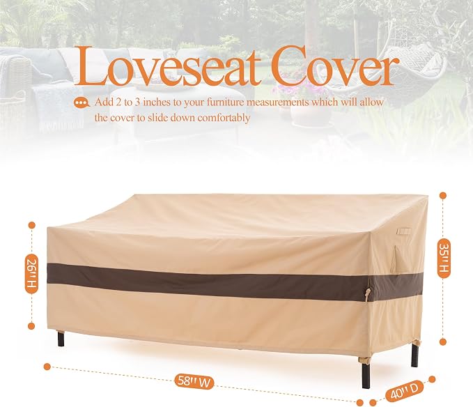 WJ-X3 Outdoor Loveseat Cover for 2-Seater Sofa, Waterproof & Heavy-Duty, Windproof Design, 58" W x 40" D x 35" H, Beige & Coffee - Image 7