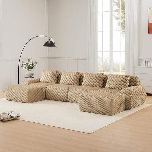 146" U-Shaped Compressed Sectional Cloud Sofa, Flannel Upholstered Modular Deep Seat Sofa with 6 Pieces, Symmetrical Boneless Foam Modular Cloud Couches for Living Room