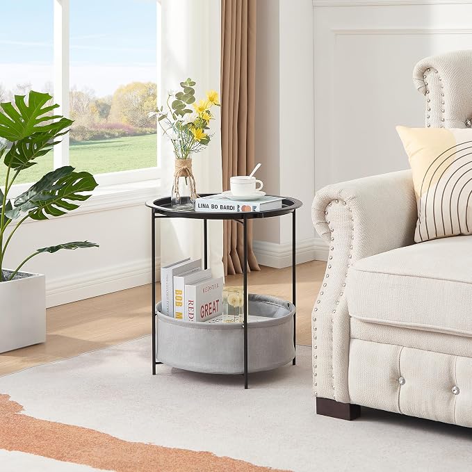 VECELO Round Side/End Table with Fabric Storage Basket，Metal Anti-Rust and Waterproof Small Bedside Nightstand with Removable Tray Top for Living Room，Balcony & Laundry，Black /2pcs with Basket - Image 2