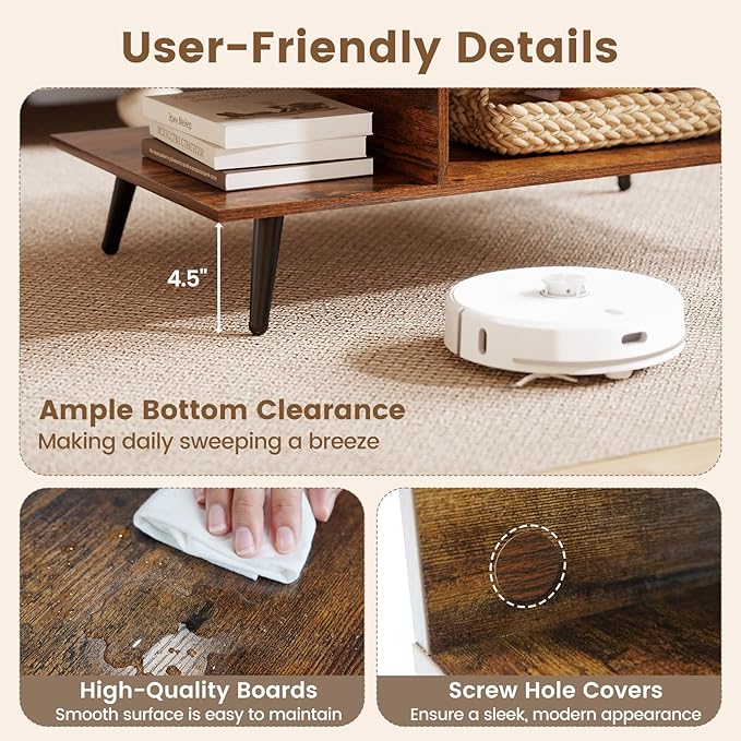 GOFLAME Wood Coffee Table, 2-Tier Mid Century Modern Center Table with 2 Open Storage Compartments & Metal Legs, Rectangular Accent Tea Tables for Living Room, Home Office, Apartment, Rustic Brown