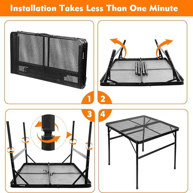 Square Folding Card Table with Adjustable Height (12" & 26"), Black Portable Metal Mesh Table for Camping, BBQ, Picnic, Game, Patio & Indoor Use, Fits 2–4 People, Lightweight 7.6 lb, Supports 66 lb - Image 4